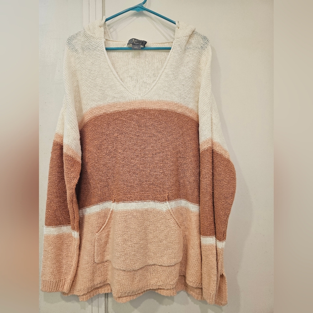 Natural Reflections V-Neck Hooded Knit Sweater XL 100% Cotton Pullover
